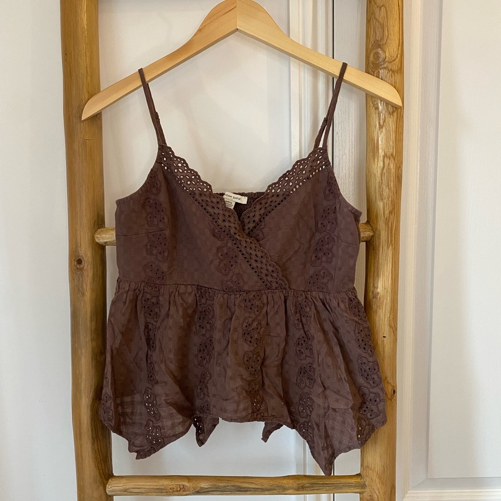 American Eagle Outfitters brown eyelet babydoll cami top blouse size small y2k